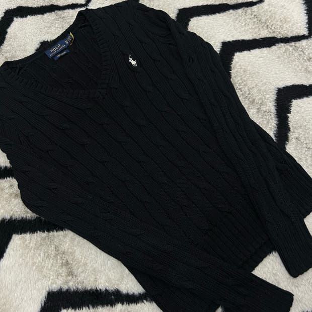 [XS]폴로랄프로렌 V넥 꽈배기 니트/블랙