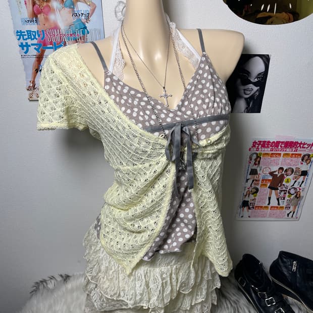 러블리 갸루 연노랑 슬리브리스 가디건 레이스 스커트 세트