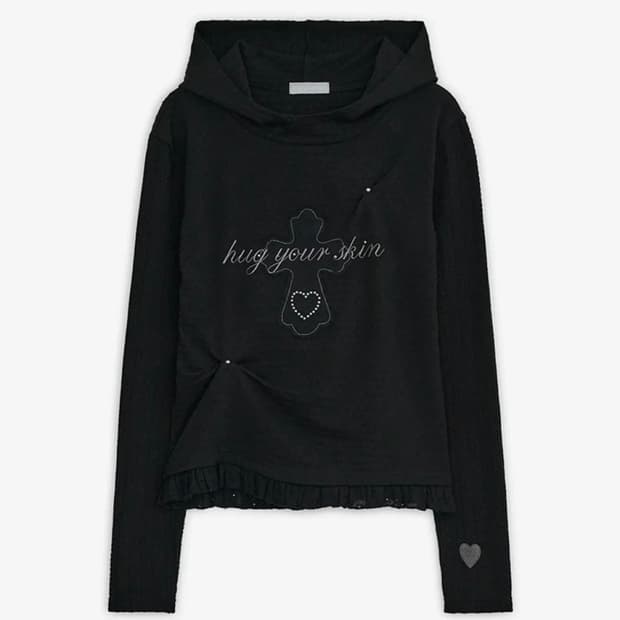 허그유어스킨 레이스 크로스 패치 후드티