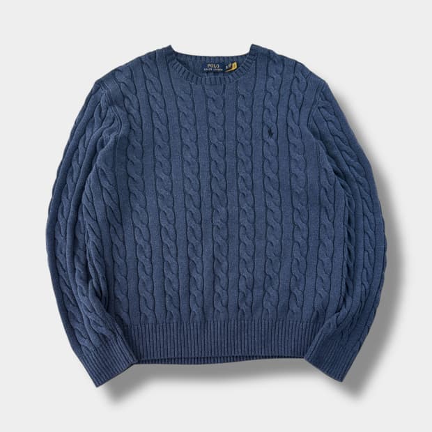 폴로 랄프로렌 오버핏 신형 QR라벨 인디고블루 코튼 케이블 니트