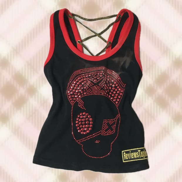 블랙 레드 해골 스톤 큐빅 슬리브리스 나시 펑크 갸루 오네 와투케 빈티지