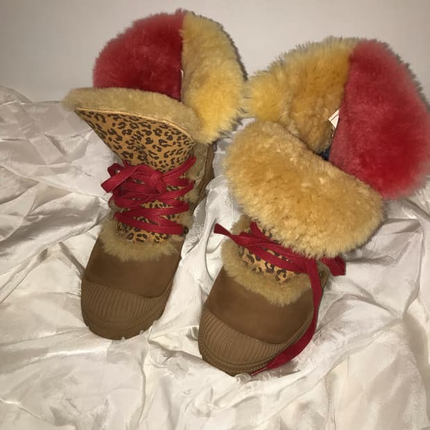 Aussie Dogs 갸루 핑크 퍼 레오파드 워커 부츠