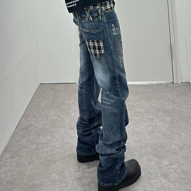 NONE vintage check fake layered denim pa