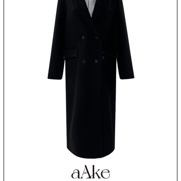 아케 포켓 로고 더블 롱 코트 블랙