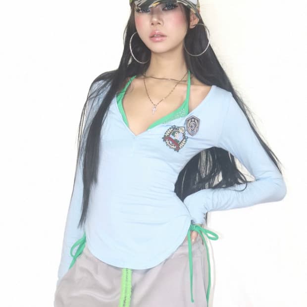 Her366 팝 블루 브이넥 레깅스 티
