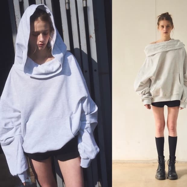 오프숄더 기모 후드티