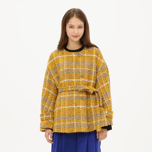 오즈세컨(O'2nd) 부클레 벨티드 체크 자켓