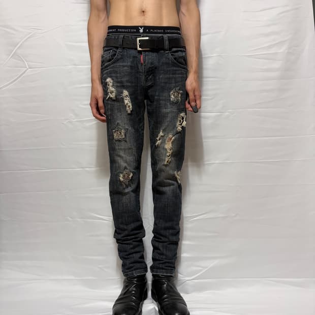 Mixed Fabric Distressed Jeans