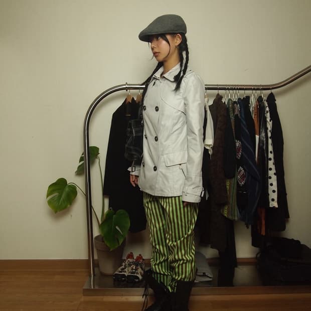 VTG 빈티지 그린 스트라이프 크롭 팬츠