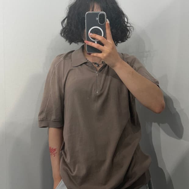 XL 에르메스 베이지 컬러 반팔 지퍼 폴로 니트