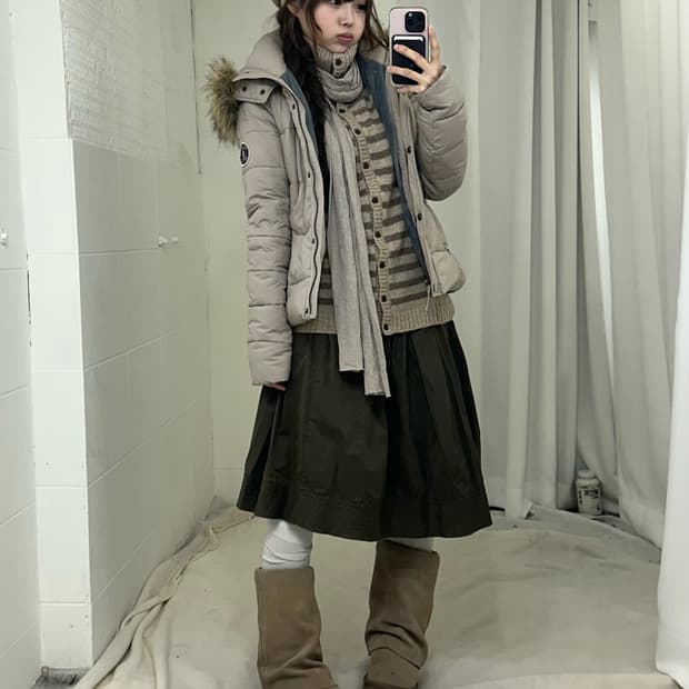 아베크롬비 울프죠 패딩 모리걸 카키 코디세트