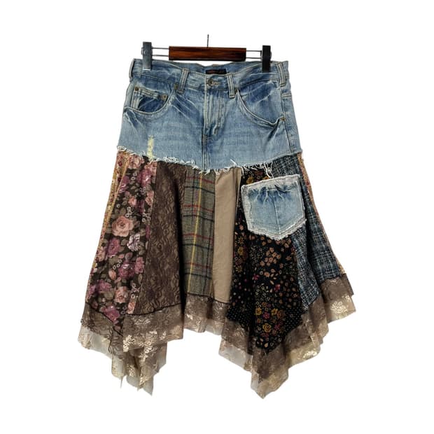 [SILENT WORTH] 빈티지 모리걸 패치워크 언발란스 스커트
