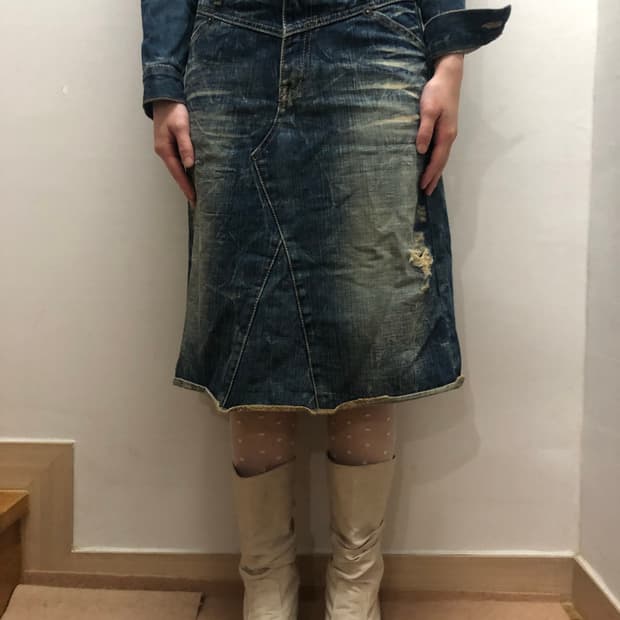 빈티지 데님 워싱 미디 스커트