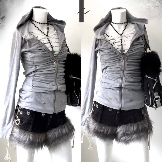 와이즈걸 빈티지 셔링 후드 집업 딱붙 그레이 회색 후집