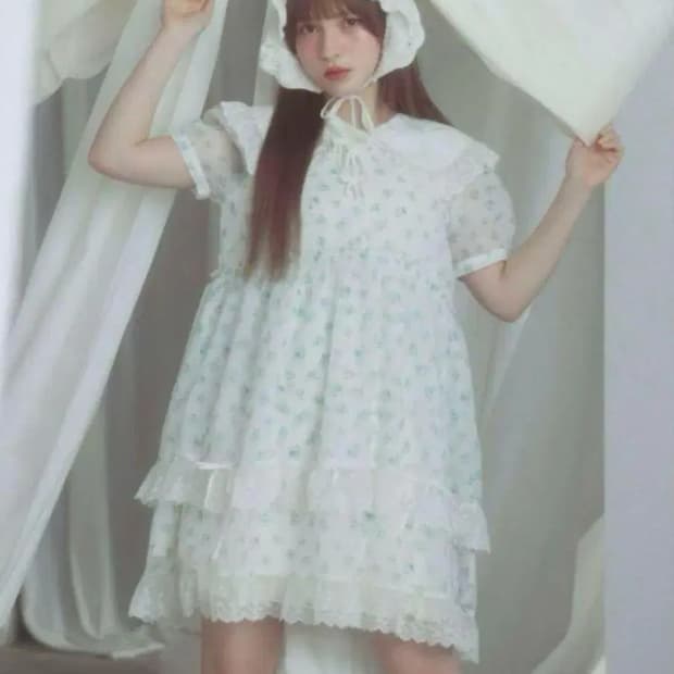 Merry jenny 빅카라 러블리 잔꽃무늬 리본 양산형 히메카지원피스