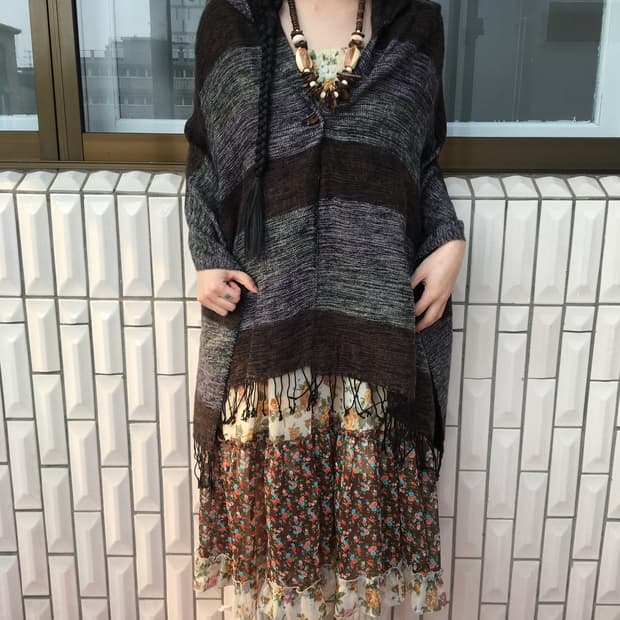 Fringe knit hood cape