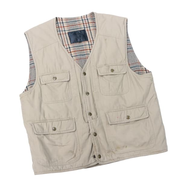 빈티지 베이지 멀티포켓 체크 라이닝 워크 베스트 (L)