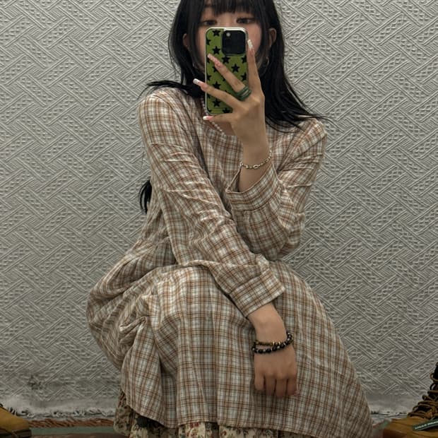 빈티지 캐주얼 모리 셔링 아방핏 긴팔 코지 체크 롱원피스 K0350
