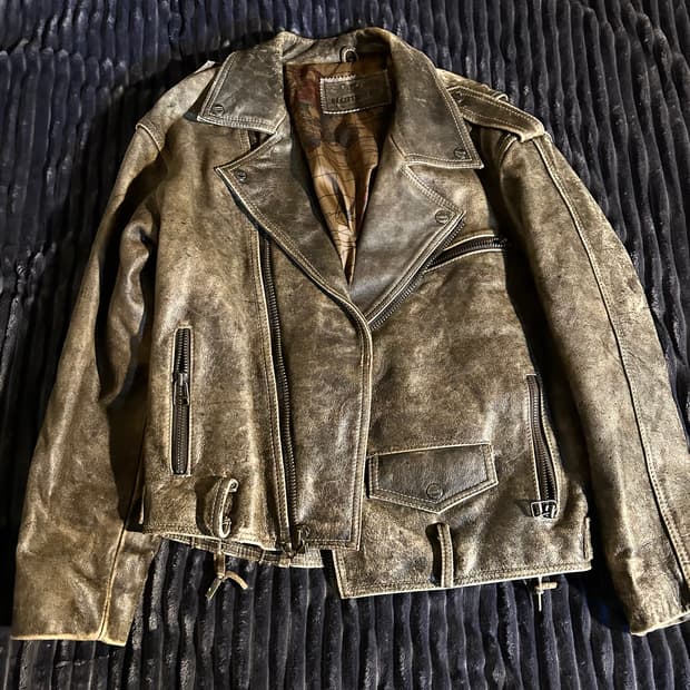Cow Leather Washed Detail Biker Jacket