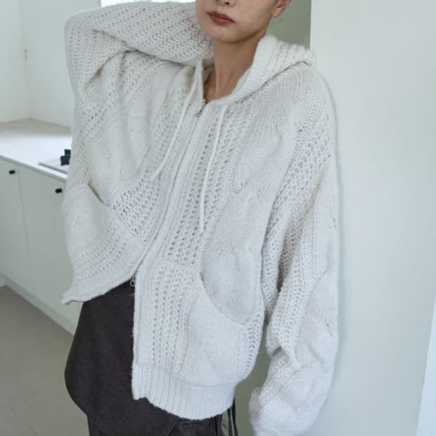 어윗 케이블니트 후드집업 니트집업 니트후드 크림