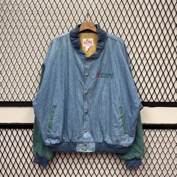 USA VTG 90s 빈티지 데님 바시티 그린 배색 워크 자켓
