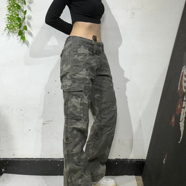 일본 빈티지 카키 와이드 카고 팬츠 밀리터리 카모 바지 