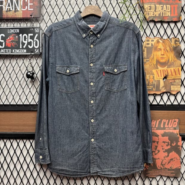 00s 리바이스 워싱 데님 셔츠 전면 투포켓 포인트 그레이청