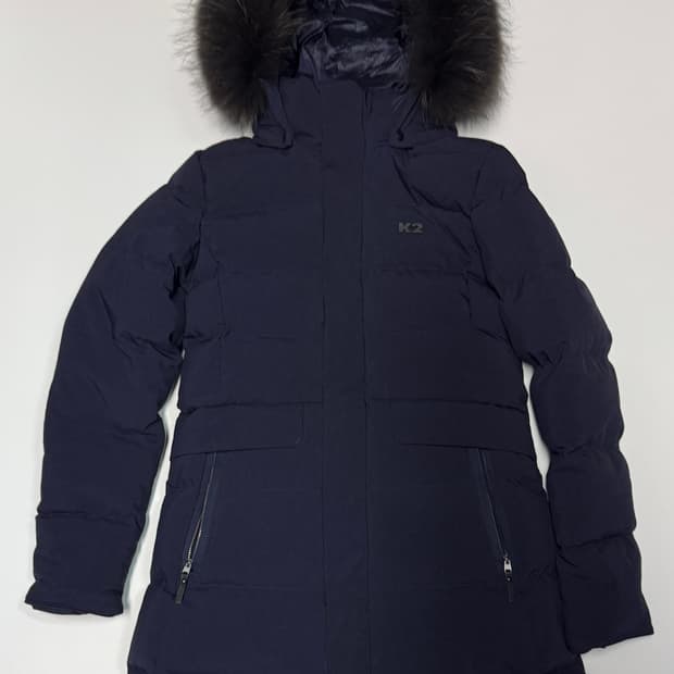 여성 k2 구스다운 퍼플 너구리털 후드 패딩 s