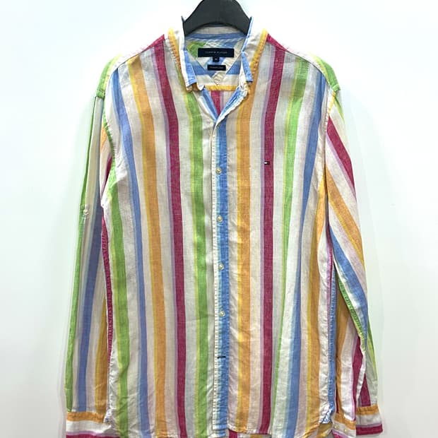 타미힐피거 멀티 컬러 스트라이프 린넨 긴팔 셔츠 M