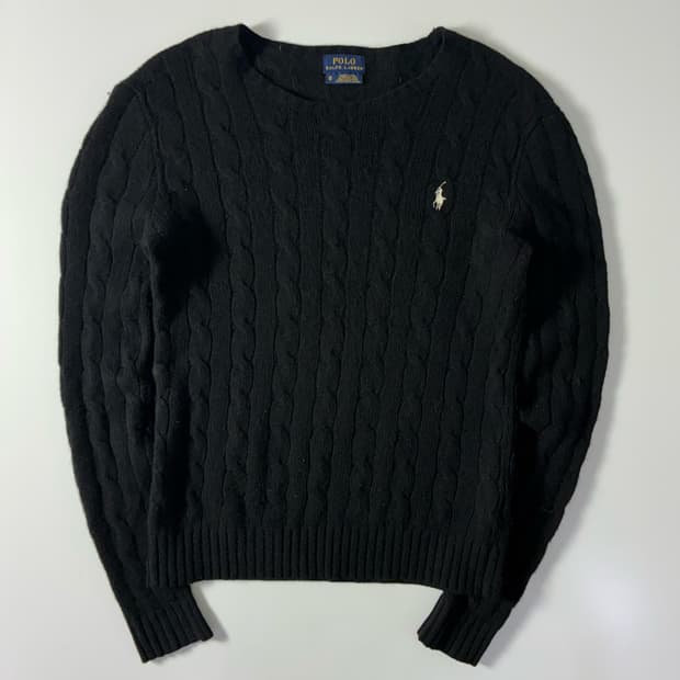 Polo  폴로 랄프로렌 자수 메리노울 블랙 꽈배기 니트