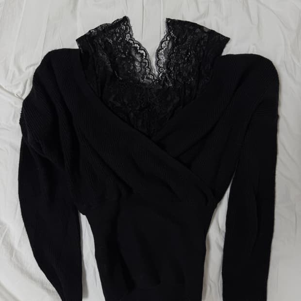 black lace point off-shoulder knit top