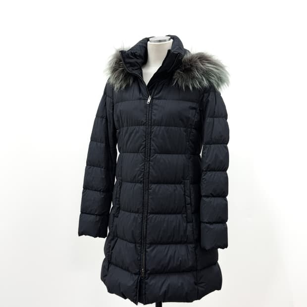 띠어리 라쿤 퍼 트리밍 스트레치 다운 코트