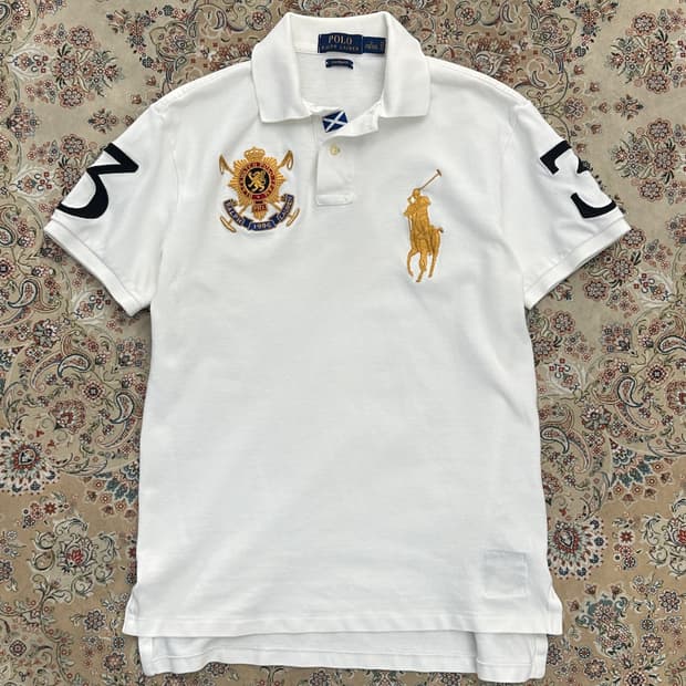 폴로 랄프로렌 블랙와치 화이트/골드 빅포니 카라티 