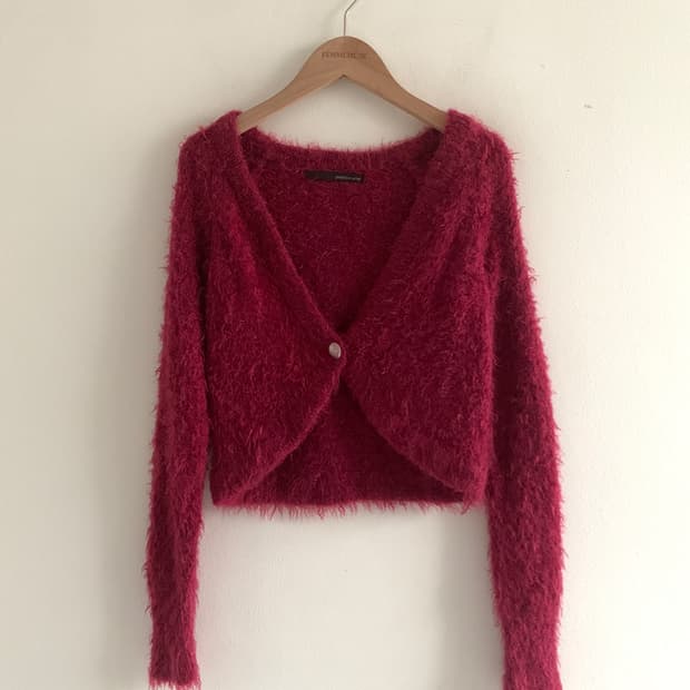 Fur One Button Crop Cardigan