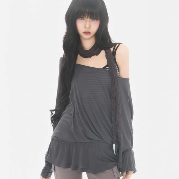미레코 SHEER OFF-SHOULDER SLEEVE CHARCOAL