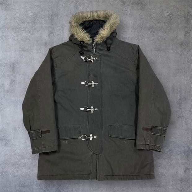 빈티지 차콜 컬러 퍼 후드 파이어맨 자켓