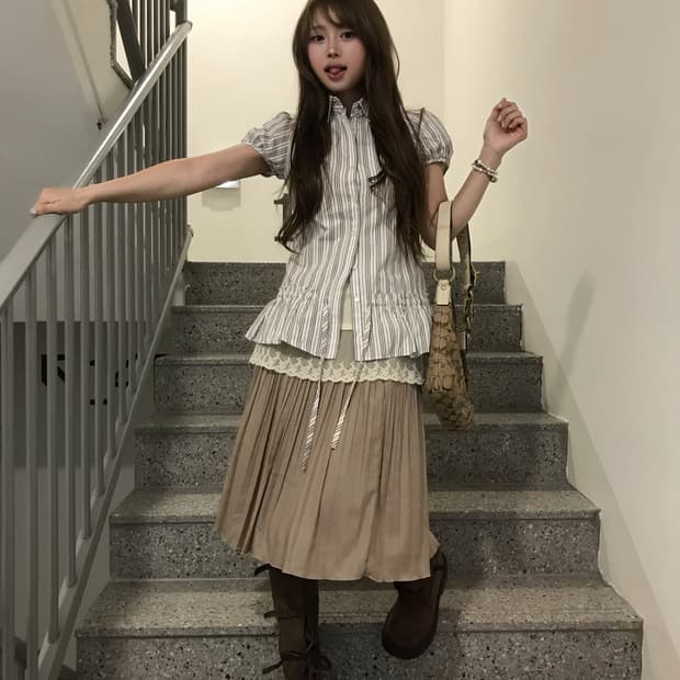 버버리 퍼프 스트라이프 블라우스 엑시즈팜 니혼진 모리걸 코디세트