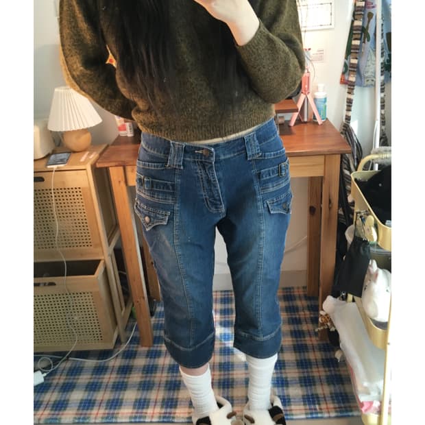 vintage pocket denim capri pants blue