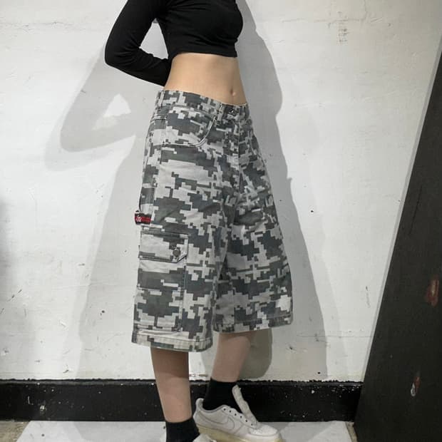 00s 마자 플라바 힙합 팬츠 밀리터리 카모 데님 반바지 버뮤다 팬츠