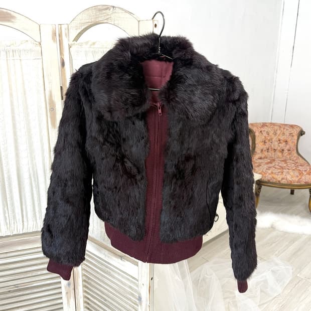 Red-wine Rabbit Fur Knit zip-up