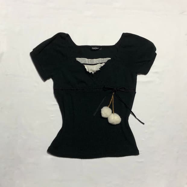 폼폼 리본 퍼프 슬리브 니트 탑 블랙