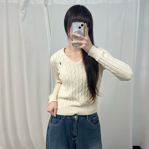 Polo Ivory V-Neck Cable Knit