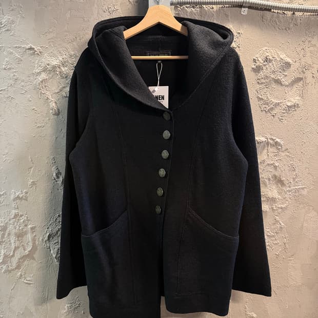Japanese Vintage 울 후드 버튼 코트 블랙 40