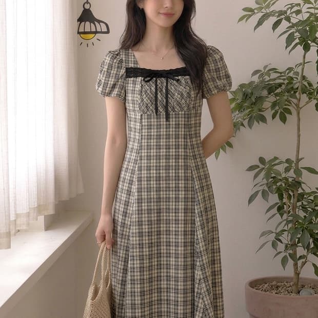 [An MILLE] 안밀 스퀘어넥 레이스 리본 체크 퍼프 원피스 (S)