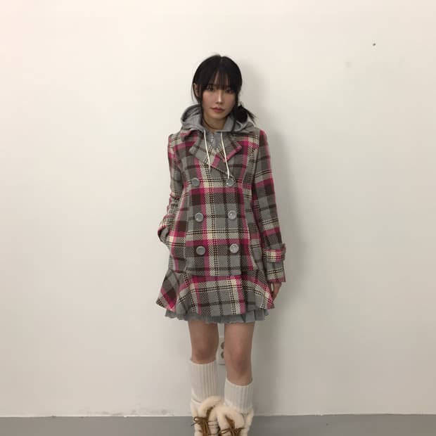 Jpn Hot Pink Plaid Double-Breasted Coat