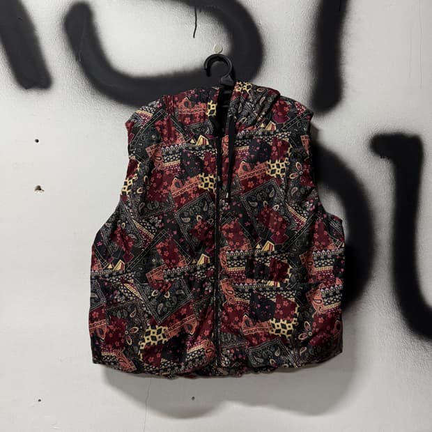 VTG 빈티지 오리엔탈 에스닉 사쿠라 페이즐리 패치 후드 플리스 베스트