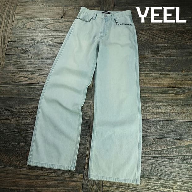 [LEEY YEEL] 아이스워싱 스터드 리벳 와이드 데님팬츠 M19815
