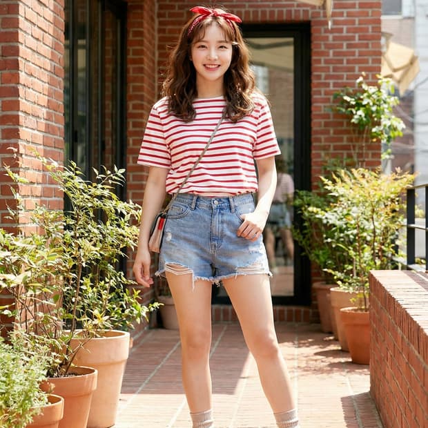 SAINT JAMES 세인트제임스 레드 스트라이프 반팔 티셔츠