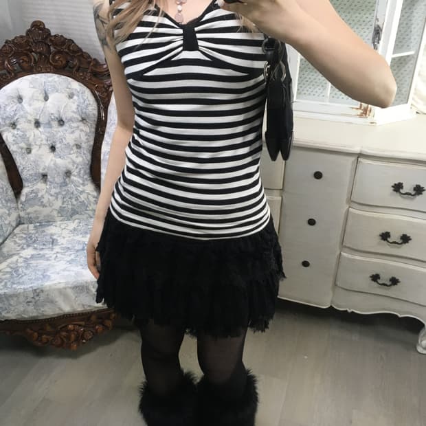 일본빈티지 스트라이프 리본 슬리브리스