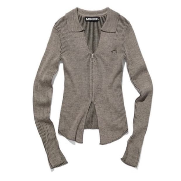 미스치프 니티드 투톤 니트 집업 그레이